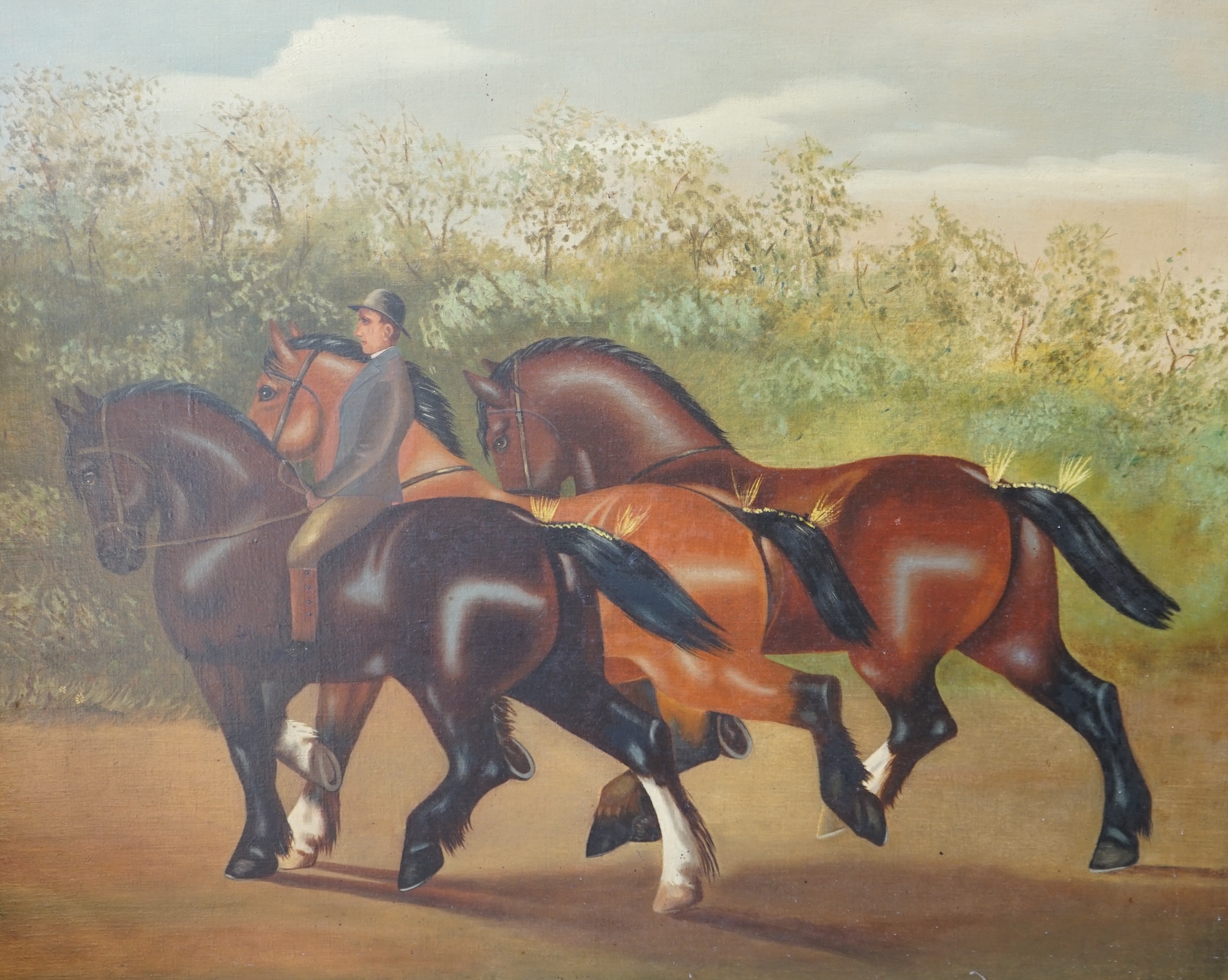 English School, oil on canvas, Naive study of rider leading three Shire horses and a groom, 64 x 80cm. Condition - fair